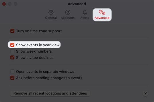 Go to Advance and Ticks Show events in year view