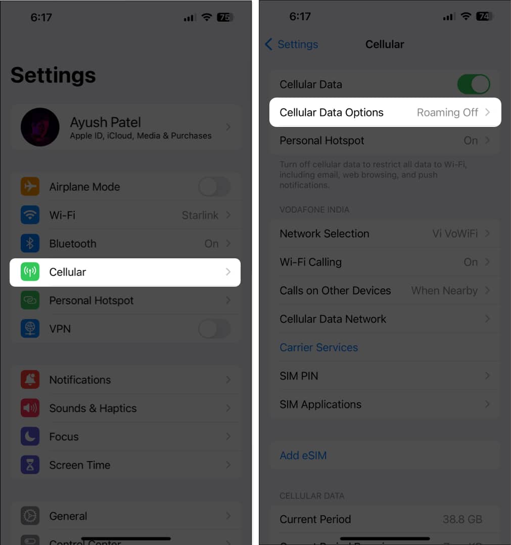 Go to Cellular Data Options from Cellular in Settings