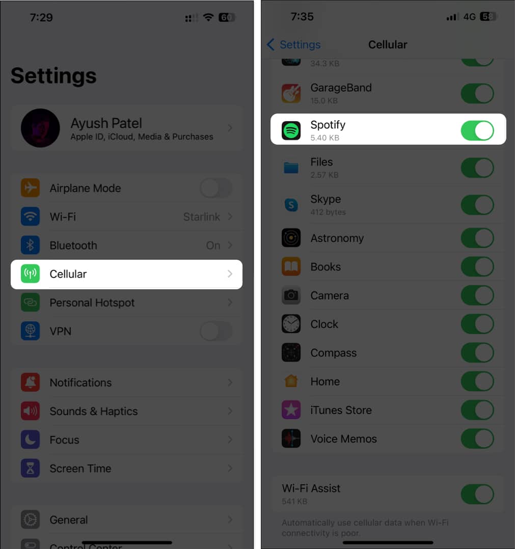 Go to Settings, Cellular and Toggle on Spotify