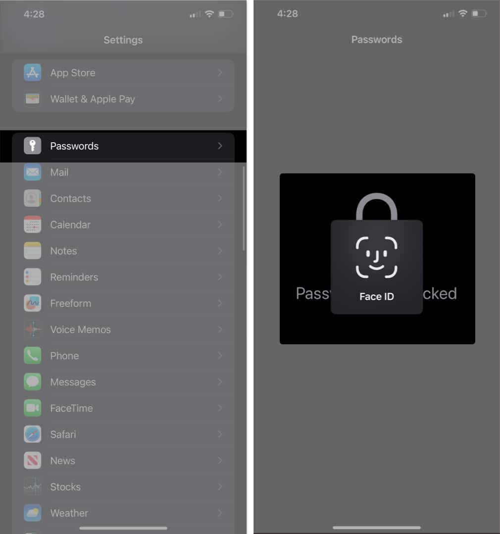 Head to Passwords → Unlock the screen with Face ID/ Touch ID/ Passcode