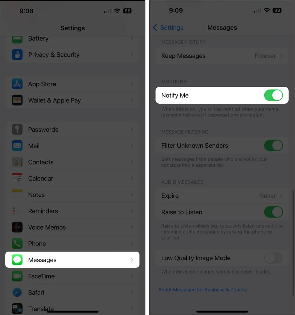 Head to Settings Messages and toggle Notify Me