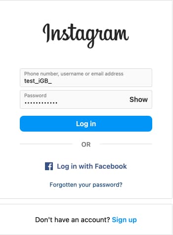 Instagram login page