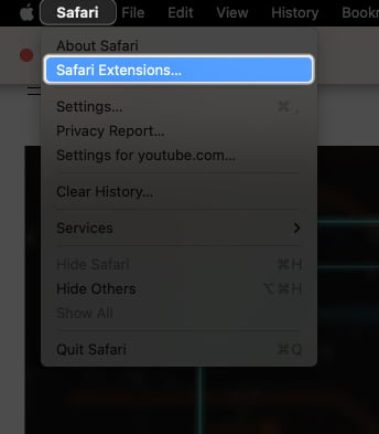 Launch Safari, Click Safari on the menu bar, Select Safari Extensions