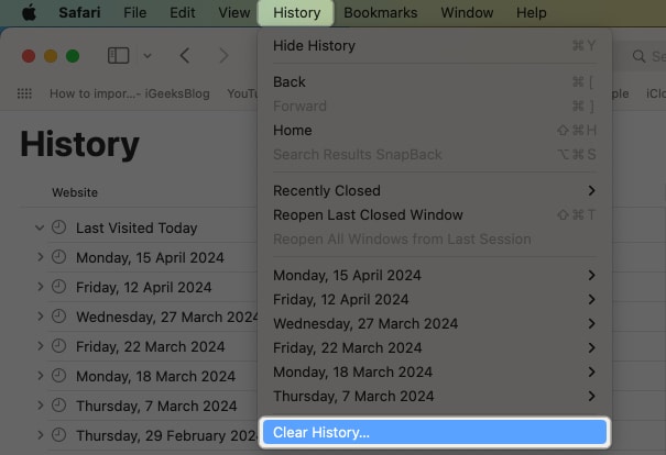 Open Safari, tap on History at top menu bar, select Clear History
