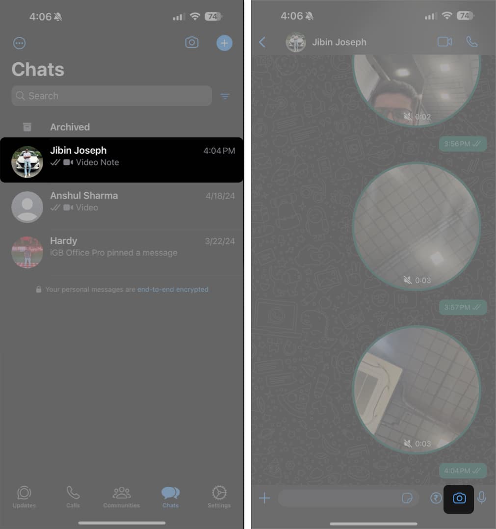 Open chat in whatsapp long press camera icon