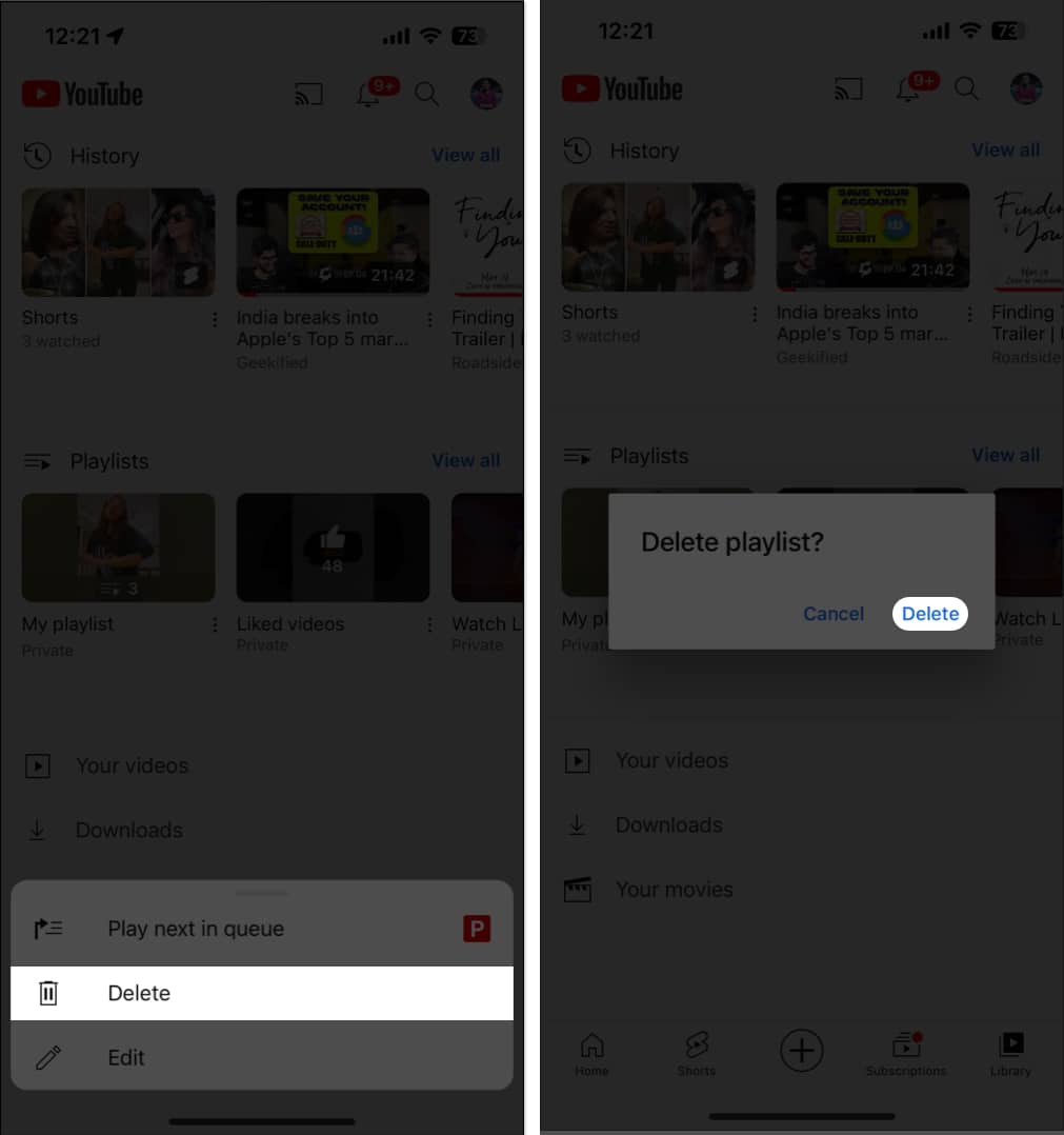 Press and hold playlist, delete, delete in YouTube