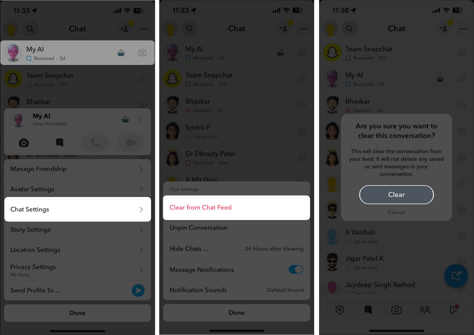 Press and hold the My AI chat, select Chat Settings, choose Clear from Chat Feed, and hit the Clear button