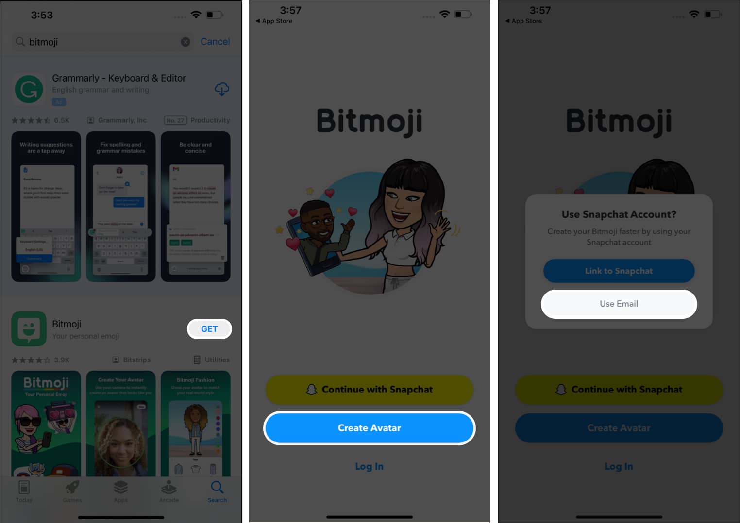 Search and download Bitmoji, select Create Avatar, and tap Use Email