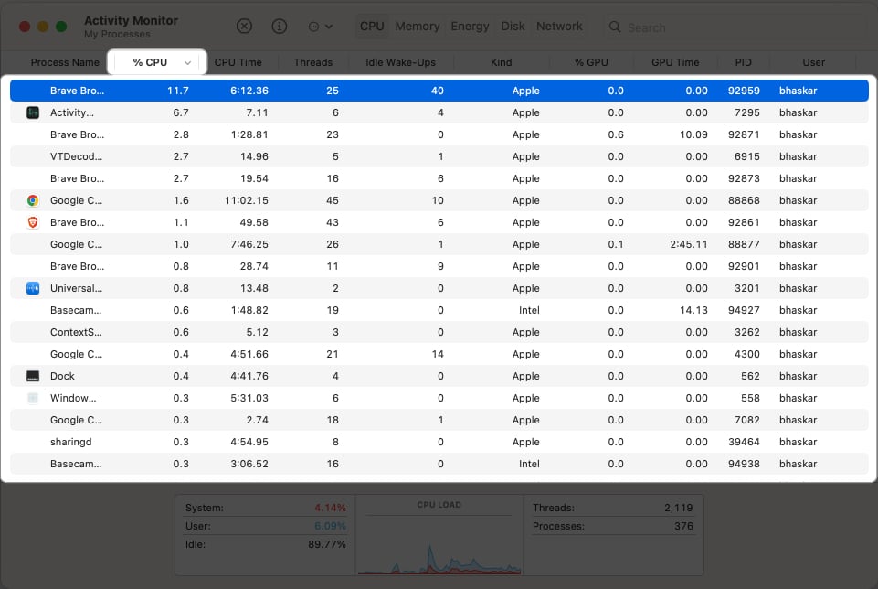 Select %CPU and double lick on an app or process