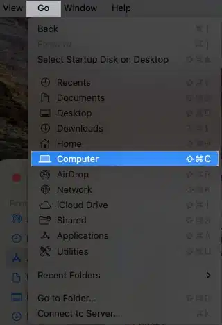 Select Go, Computers in Finder