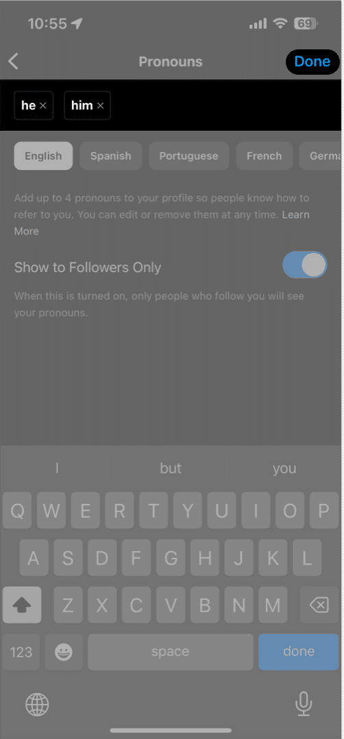 Select Pronouns Tap Done on Instagram