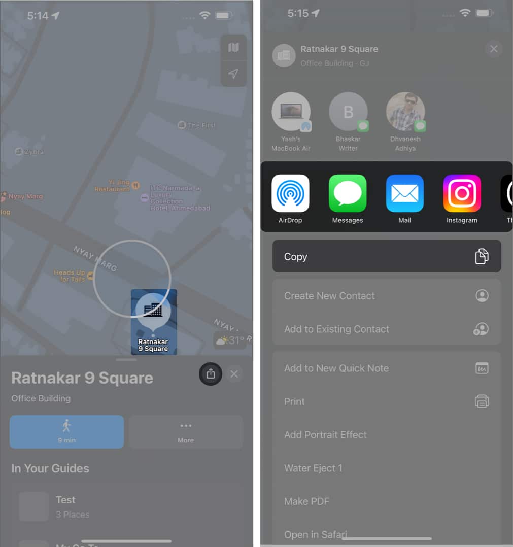 Select a location, tap Share in Apple Maps