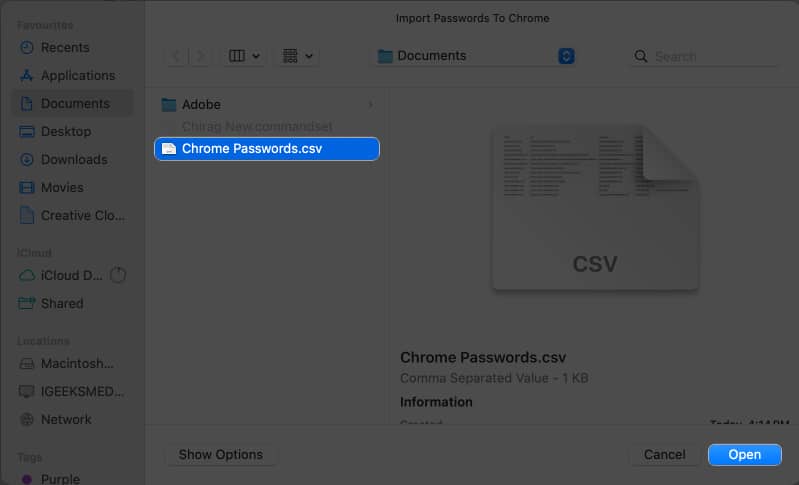 Select the .csv file, open from documents