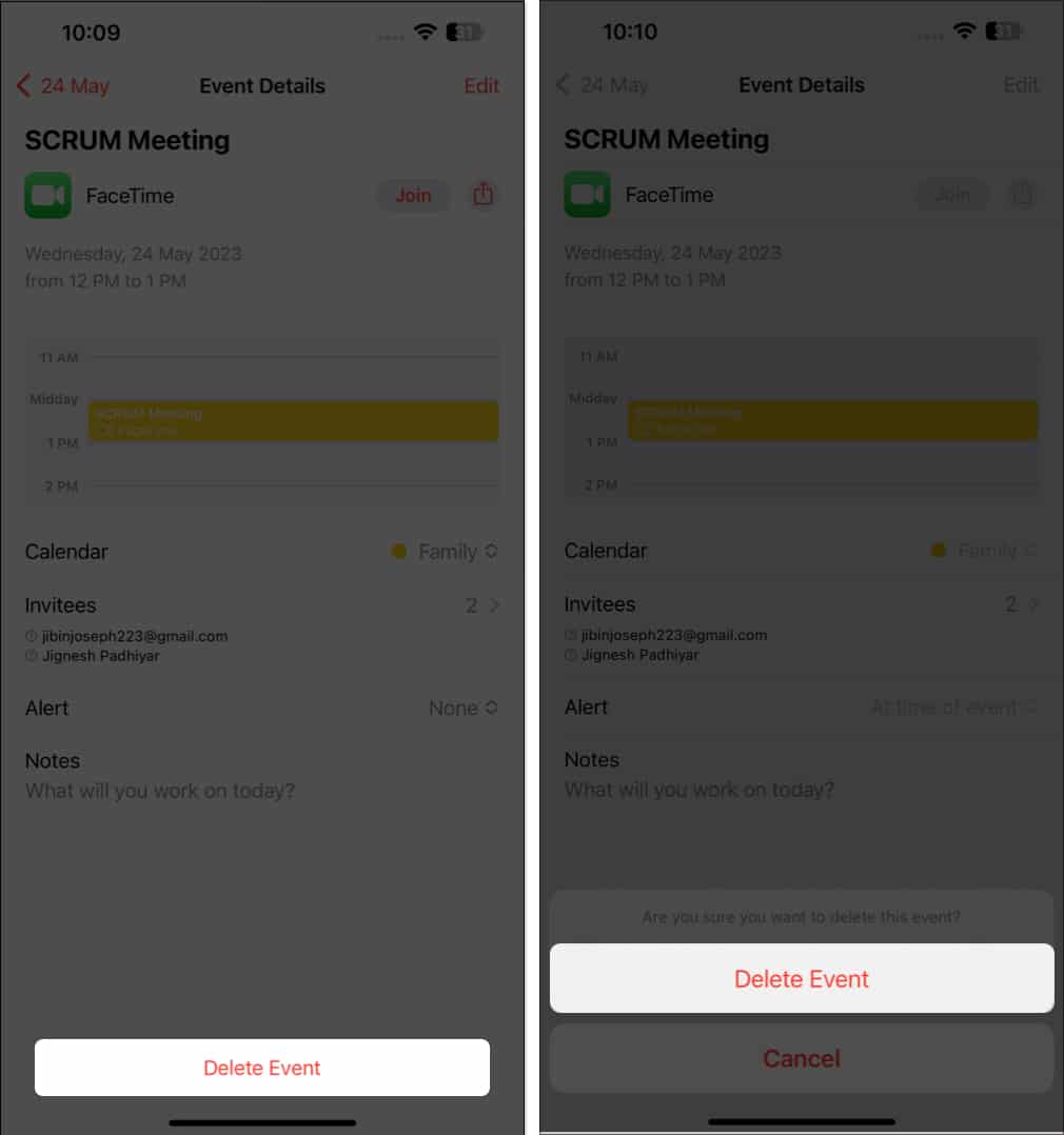Select the event tap delete delete event in calendar app