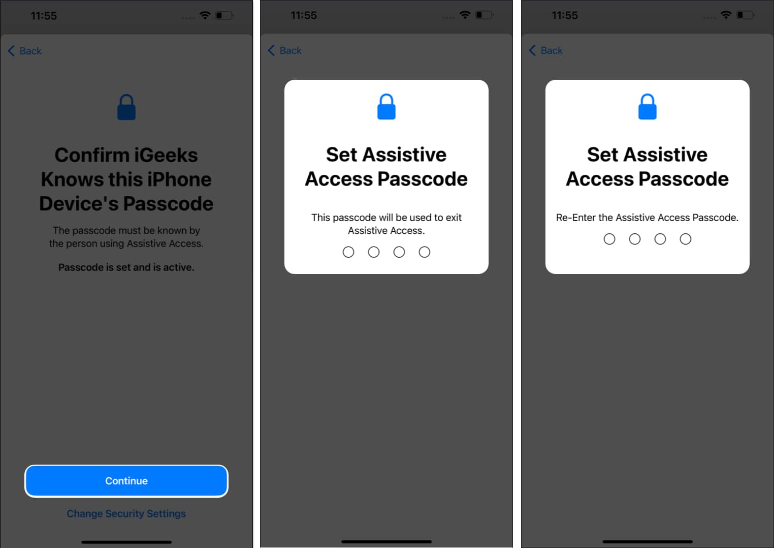 Setting passwords for Assistive Access