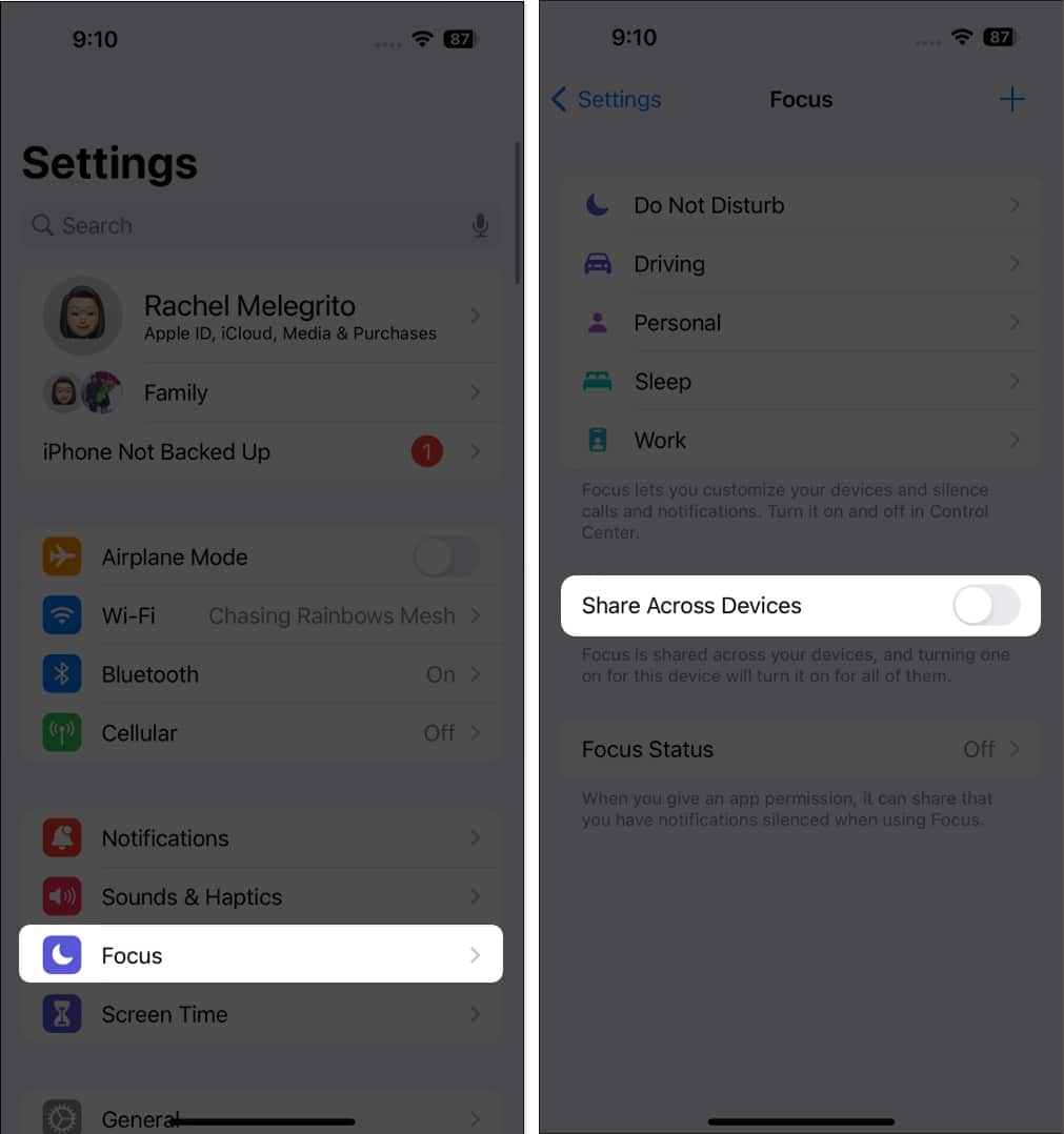Settings, Focus, Toggle off Share Across Devices