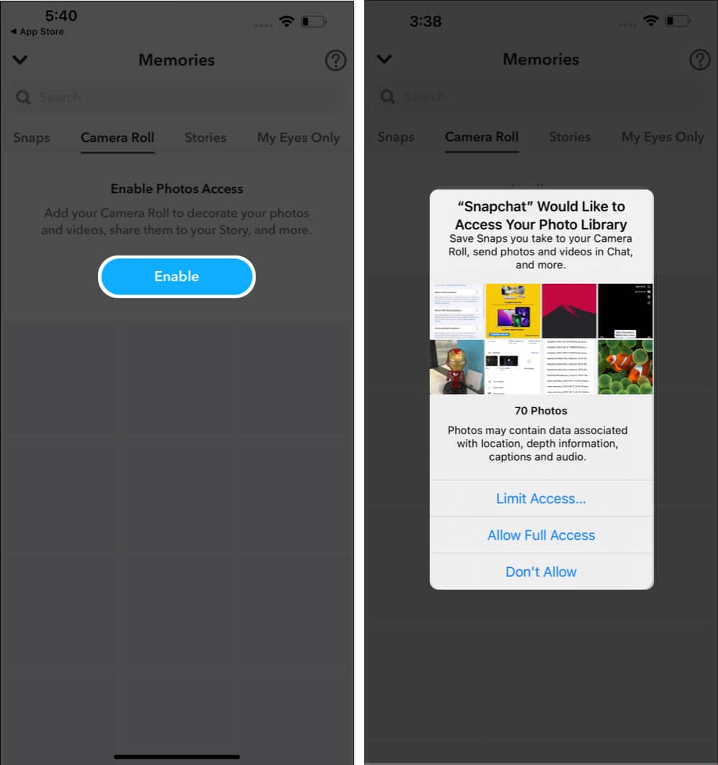 Snapchat felszólítás a Fotók alkalmazáshoz való hozzáférésre vonatkozóan