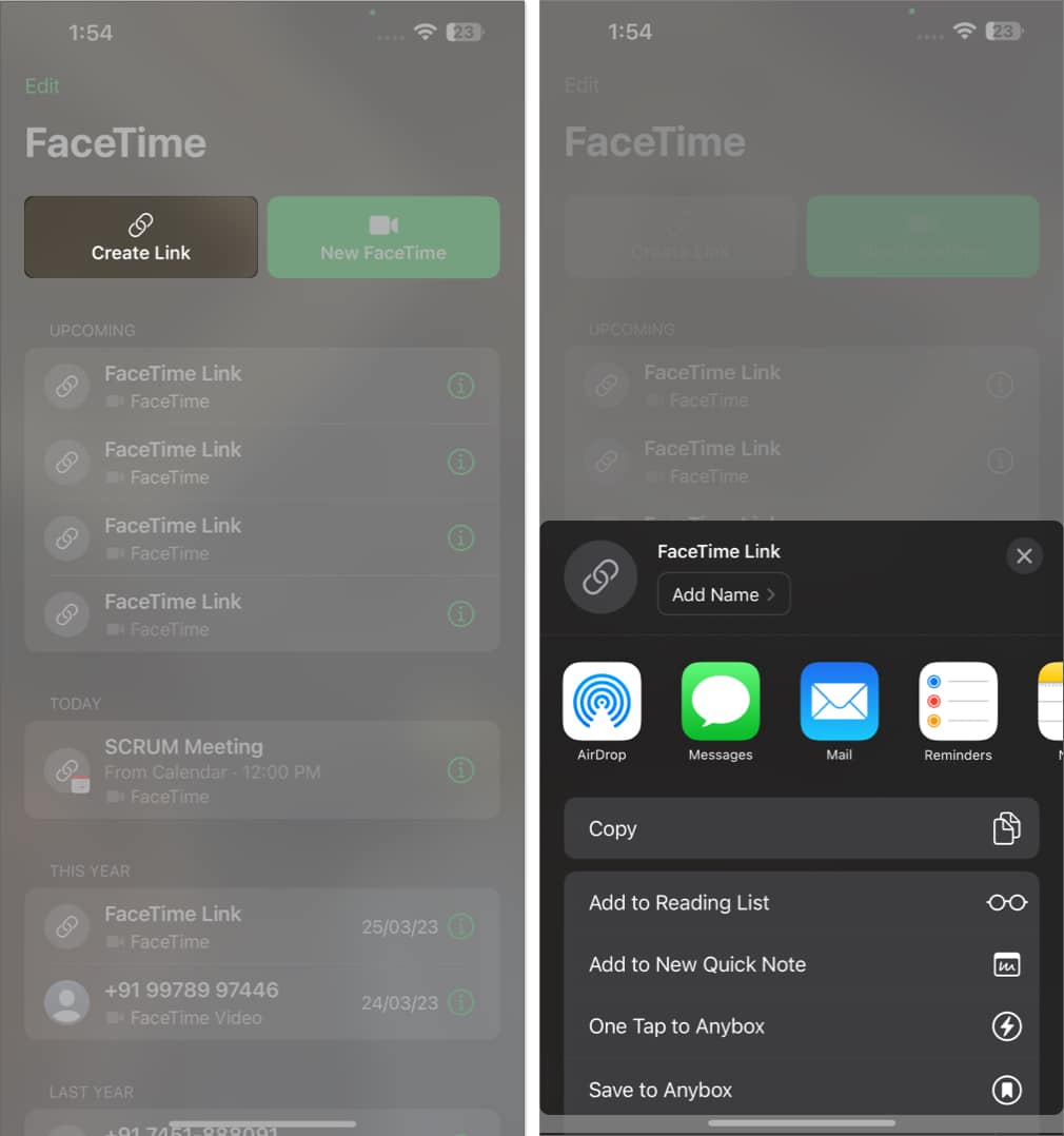 Tap create link in FaceTime share the link with any medium in FaceTime