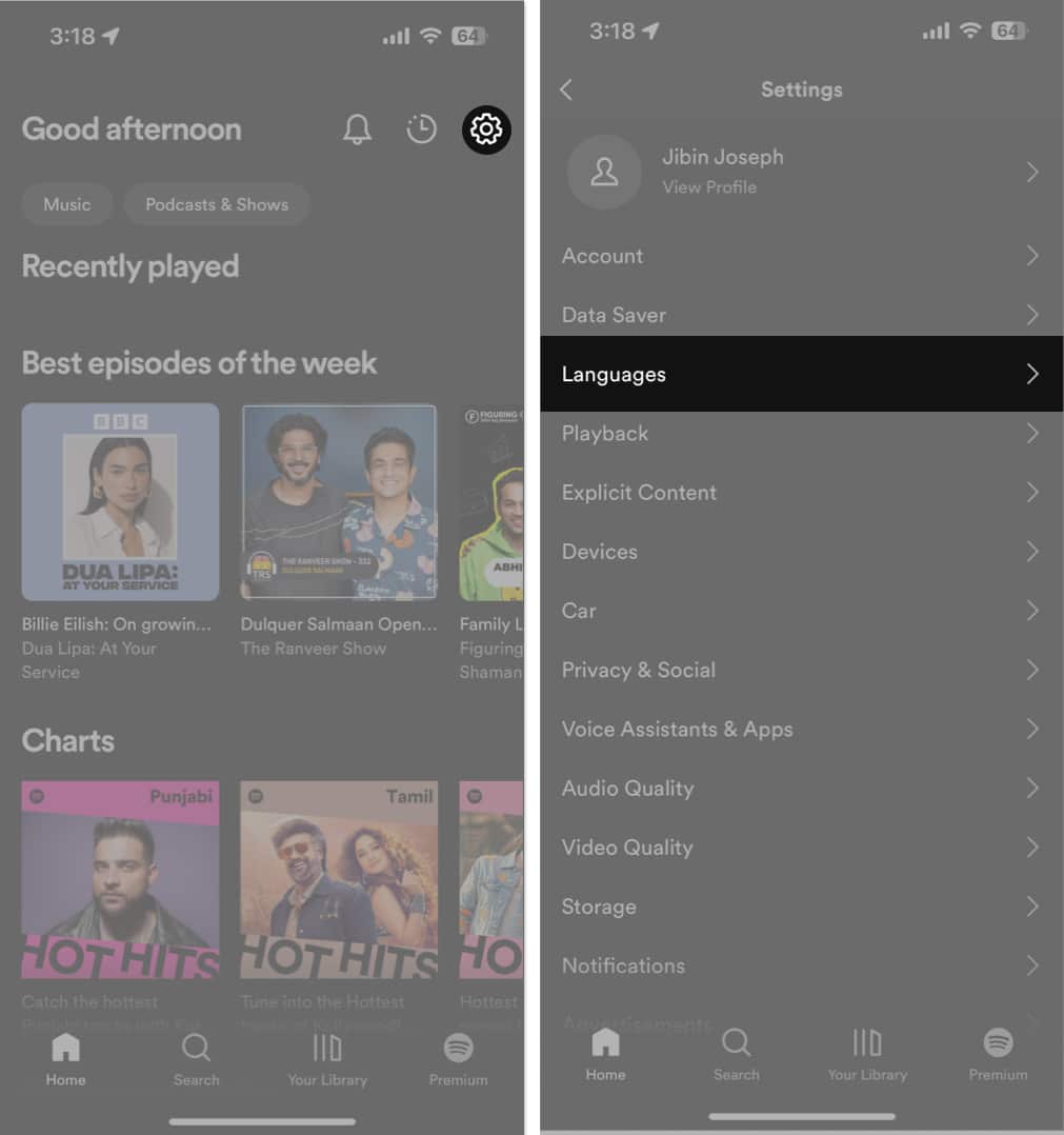 Koppintson a Beállítások elemre, az Alkalmazás nyelve a Spotify-ban