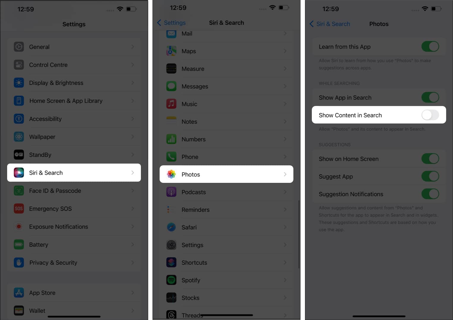 Tap Siri & Search, Photos, Show Content in Search in Settings