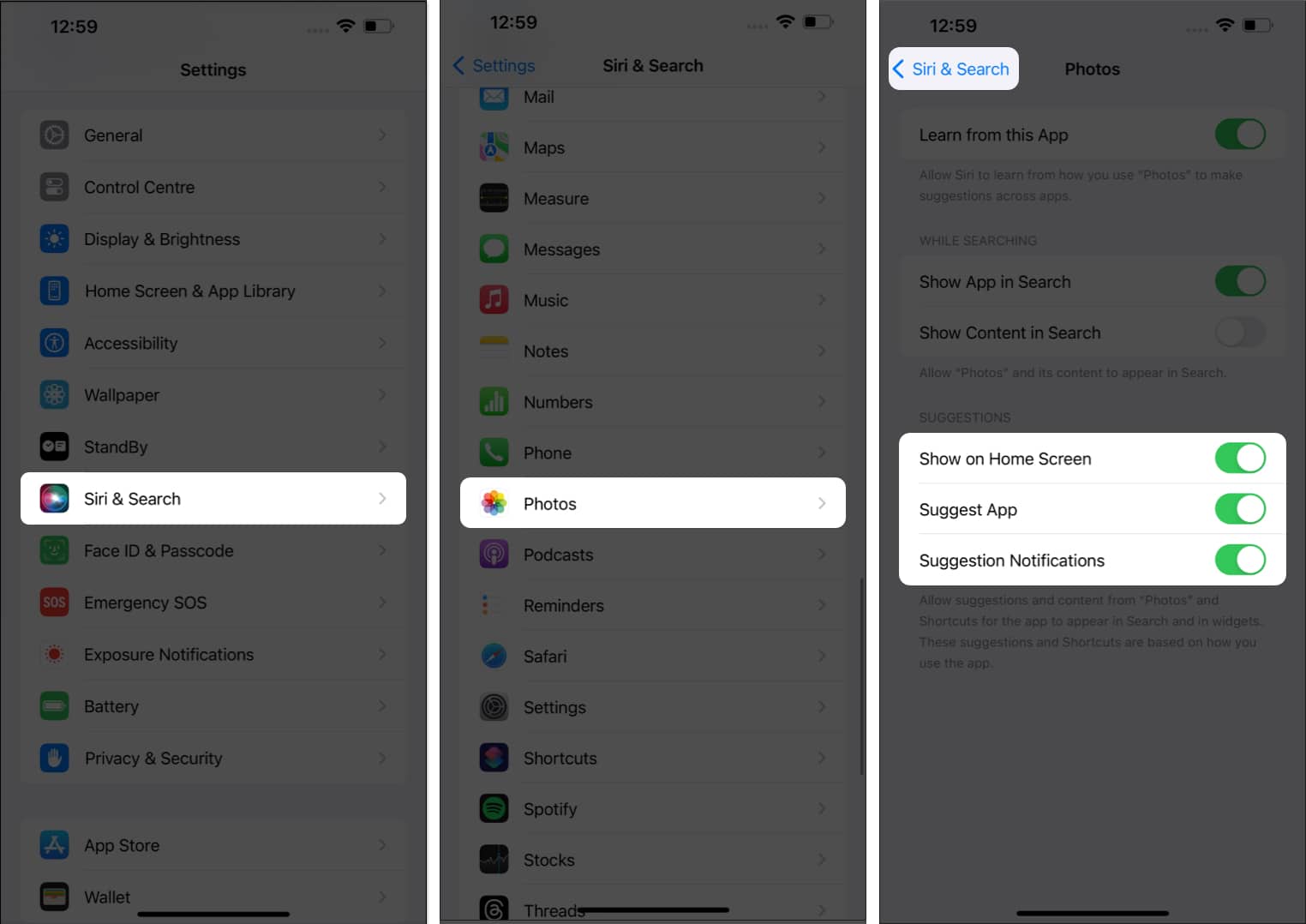 Tap Siri & Search, Photos, Suggestions in Settings