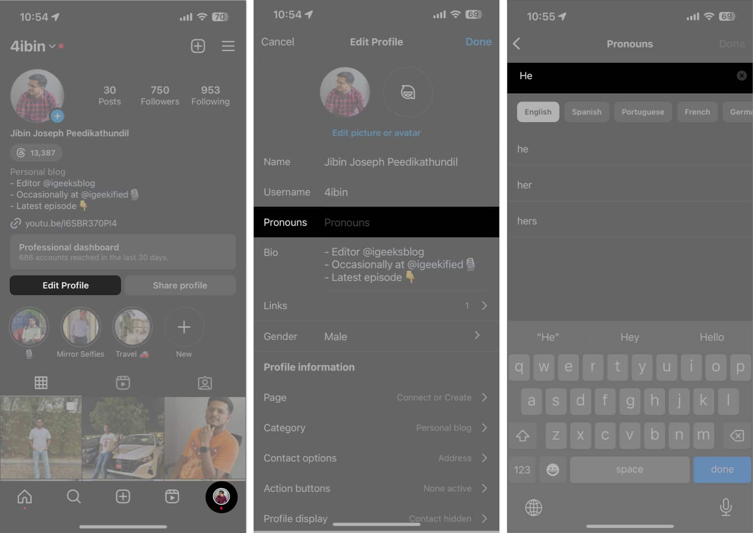 Tap edit profile pronouns enter pronoun in Instagram