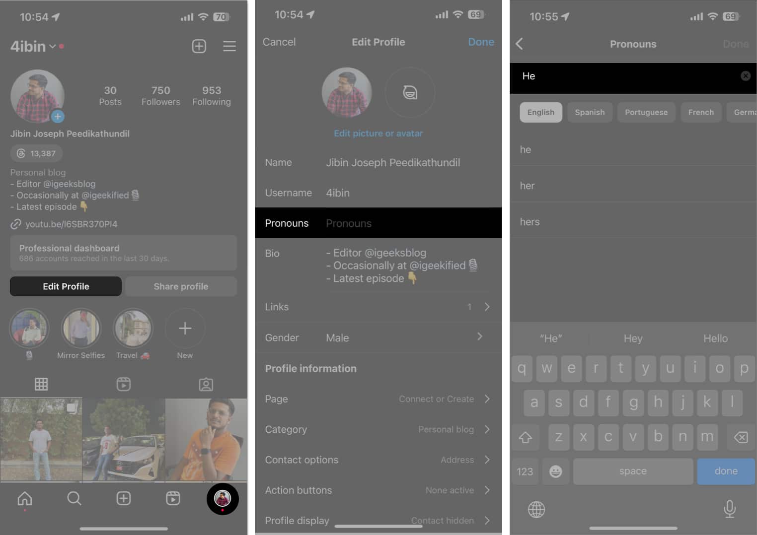 Tap edit profile, pronouns, enter pronoun in Instagram