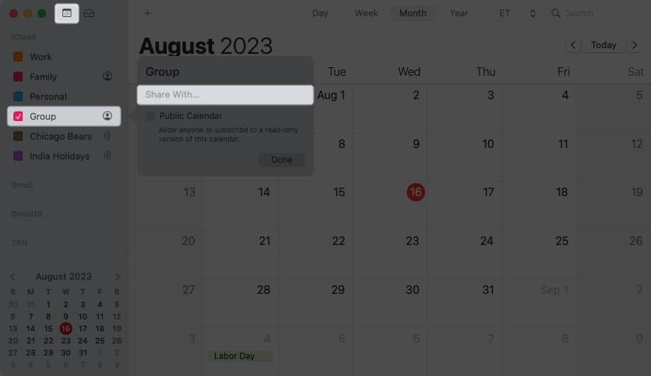 Tap on Calendar Icon and Group and go to Share with