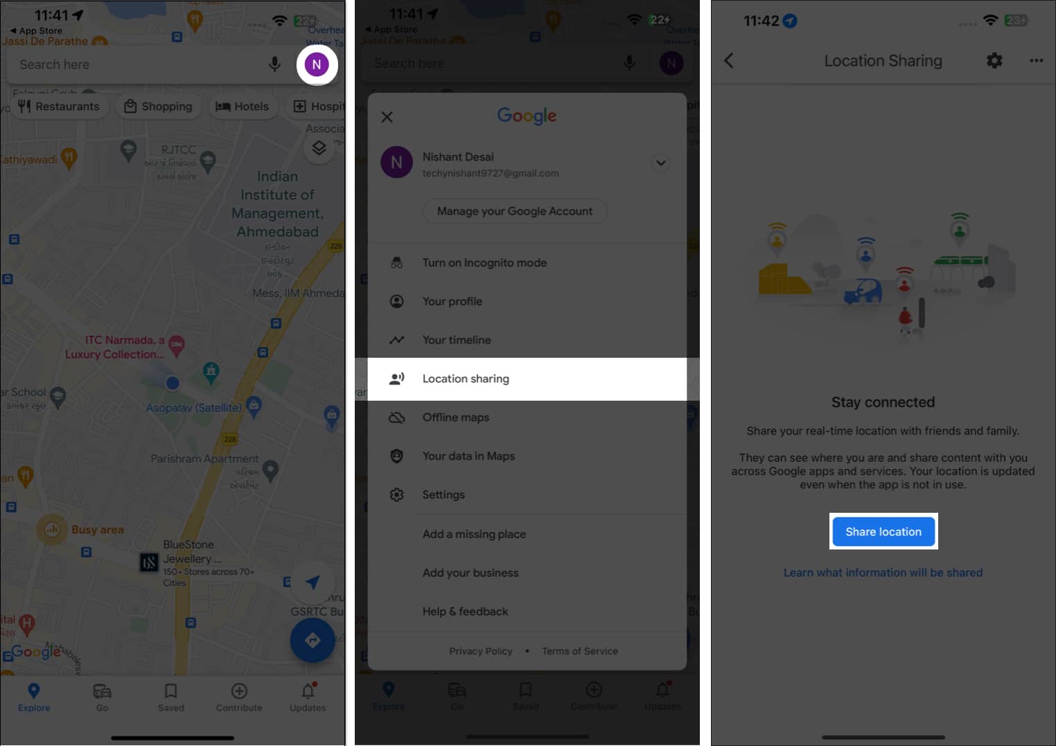 Tap on your profile, location sharing, share location in google maps