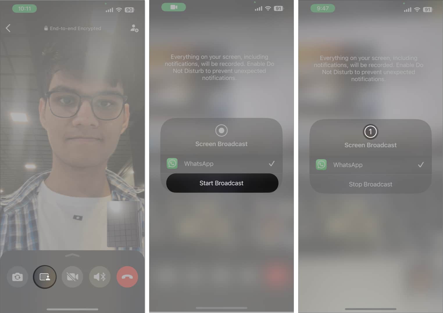 Ketik pilihan perkongsian skrin, mulakan siaran dalam WhatsApp
