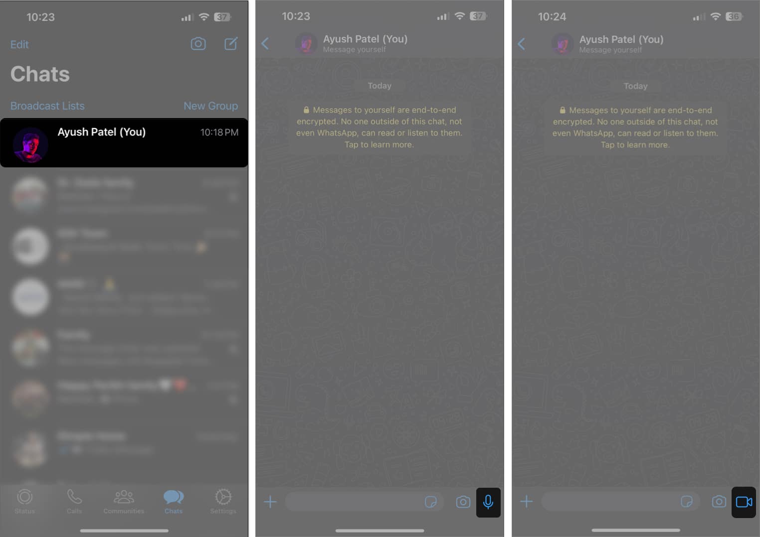 Tap the camera icon to record an instant video message in Whatsapp on iPhone