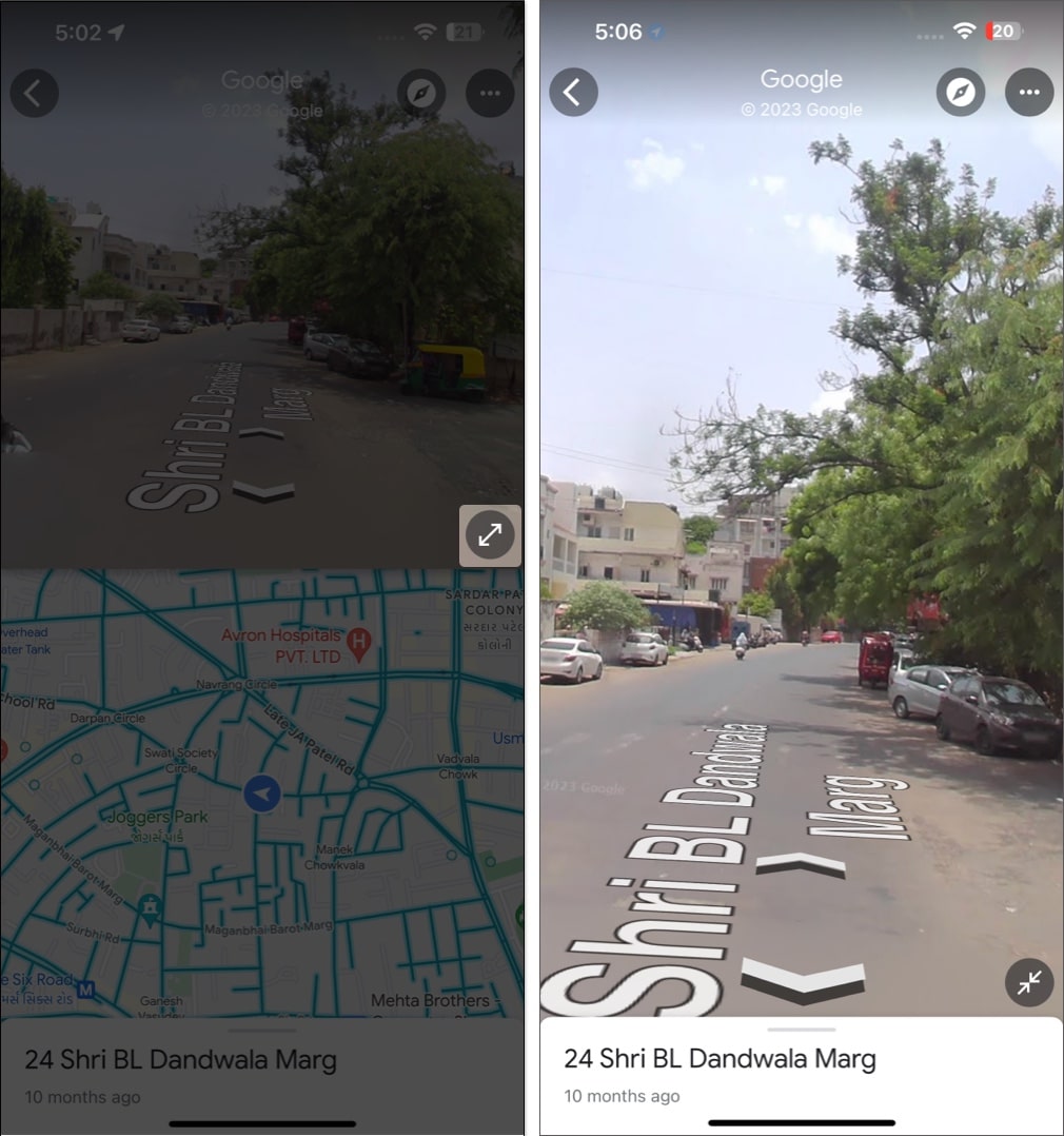 Tap the enlarge icon in street view mode in google maps