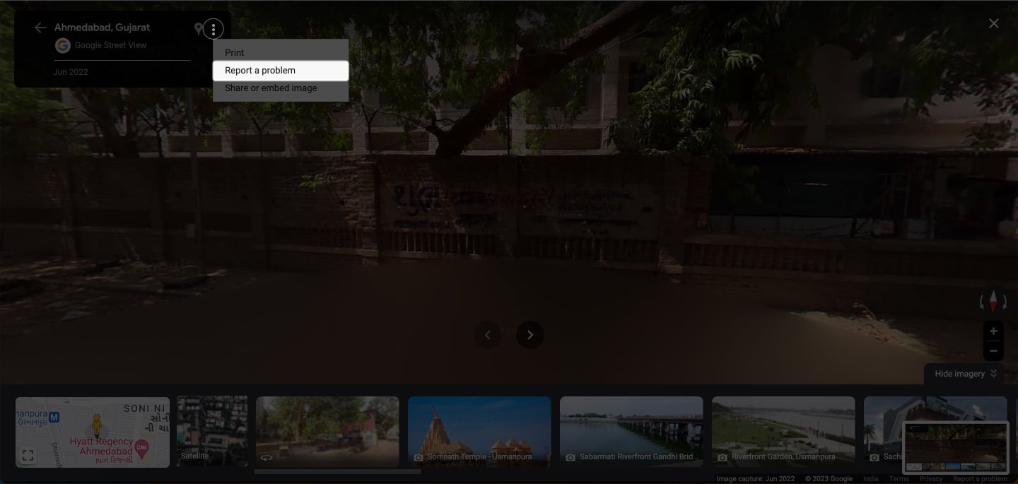 Tap the three-dot icon, click report a issue in google maps street view