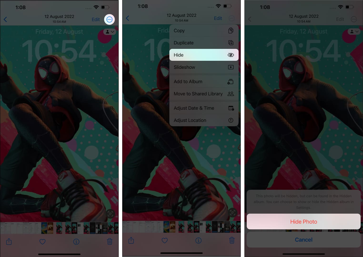 Tap the three-dot icon, hide photo, hide photo in photos app