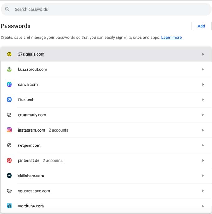 The password manager interface in Google Password manager