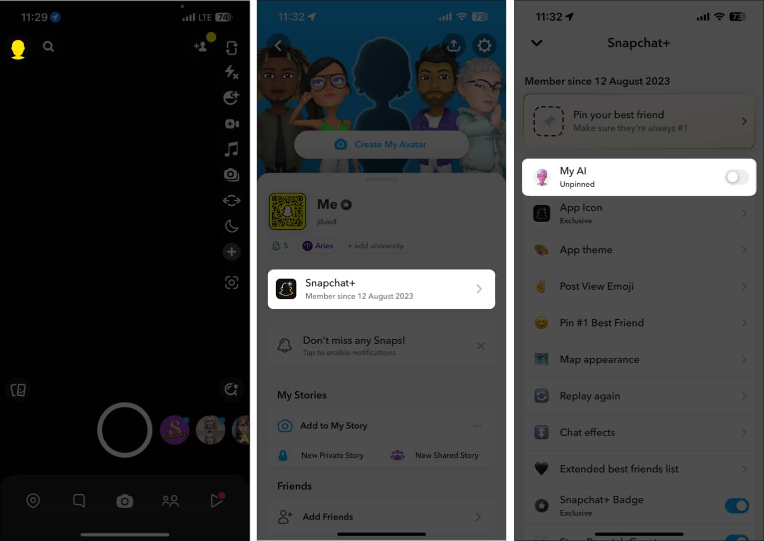 Unpin My AI from Snapchat feed using Snapchat Plus settings