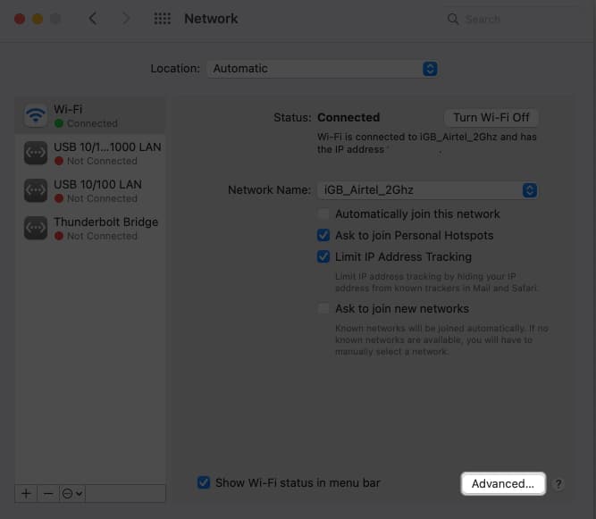 click advanced in network settings