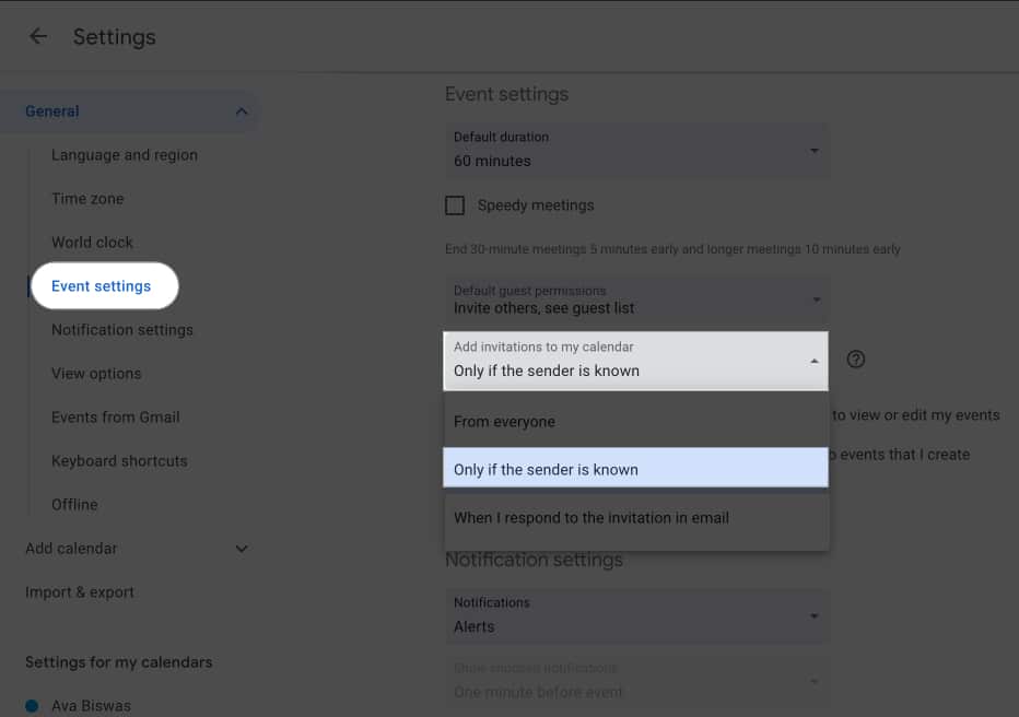 click event settings select only if sender is known under Add Invitations to my calendar in google calendar