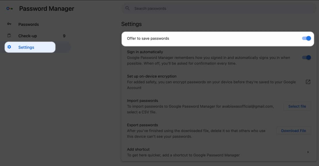 click settings, toggle on offer to save password in google password manager