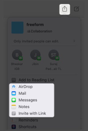 click share icon, select messages in freeform