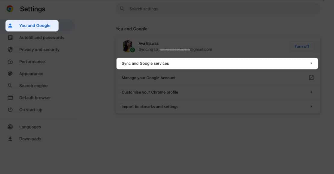 click sync and google services in chrome settings
