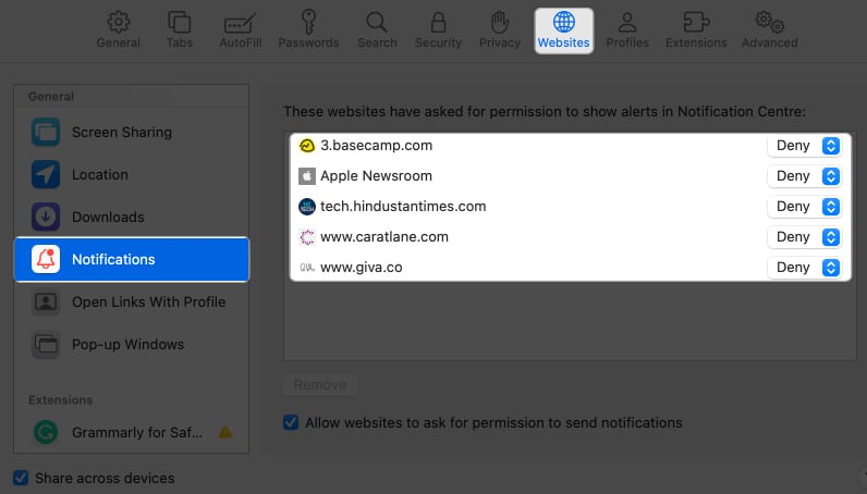 click website, notification, set website as deny in safari settings