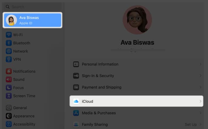 click your name, select icloud in system settings