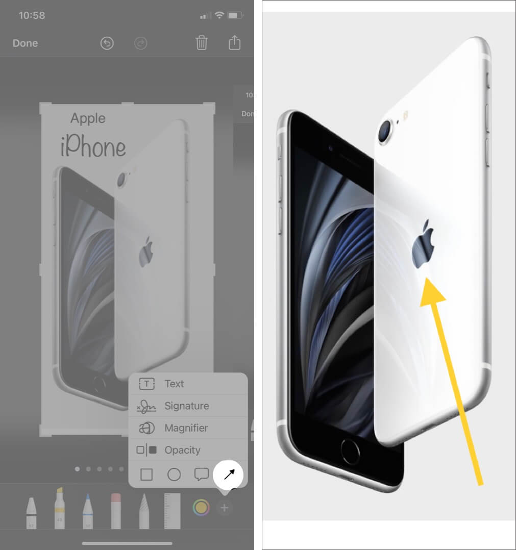 draw arrow on screeshot using markup tool on iphone