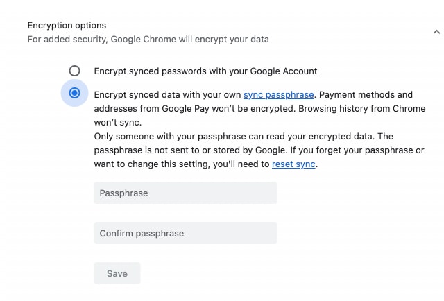 válassza a szinkronizált adatok titkosítása jelszóval lehetőséget a Google beállításaiban