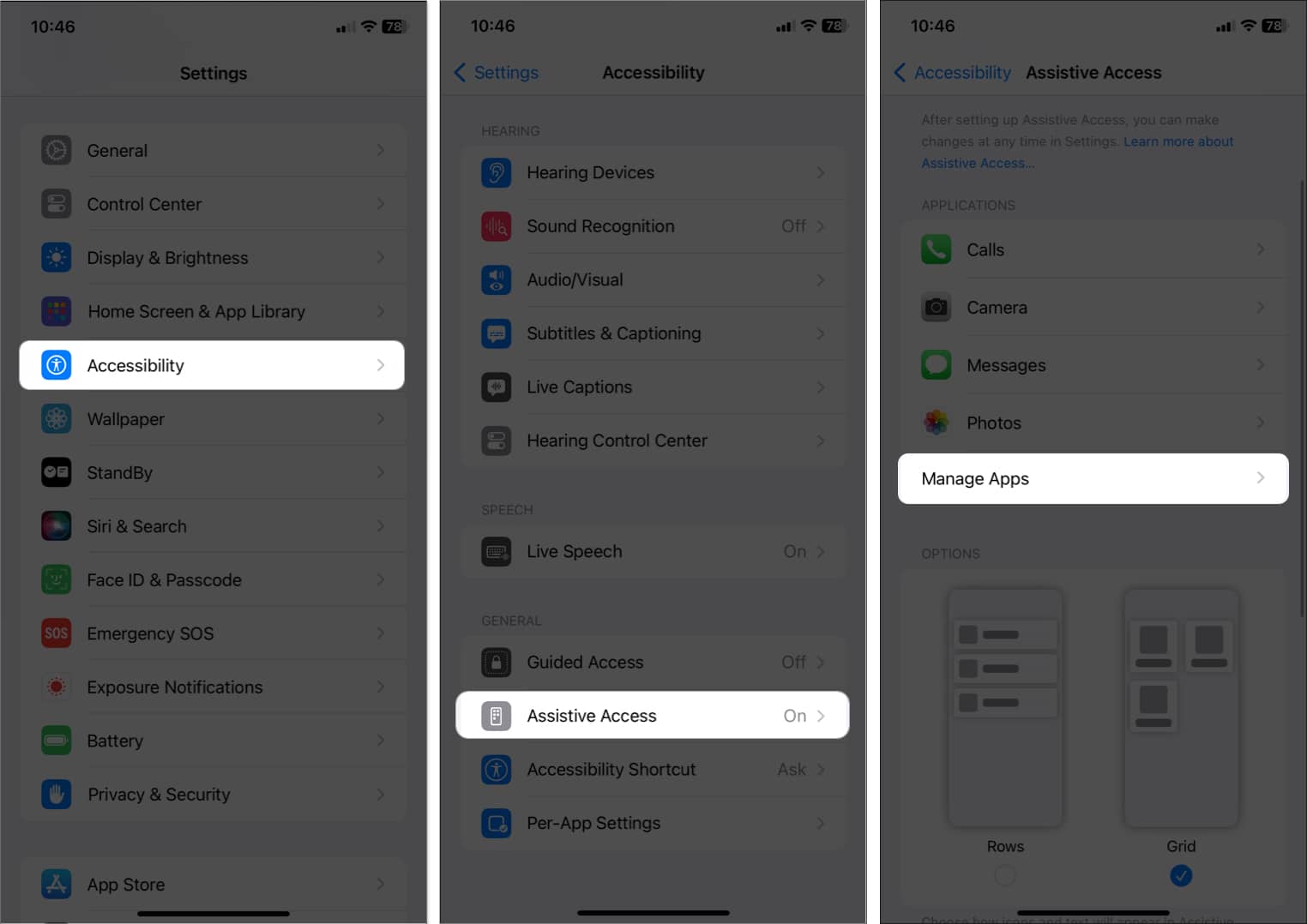 tap accessibility, assistive touch, manage apps in settings