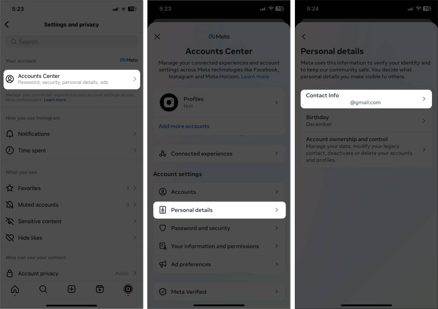 tap accounts center select personal details contact info in instagram