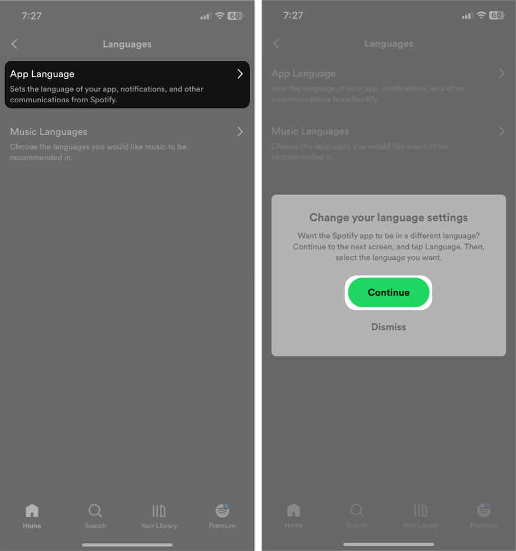 tap add language, continue in spotify
