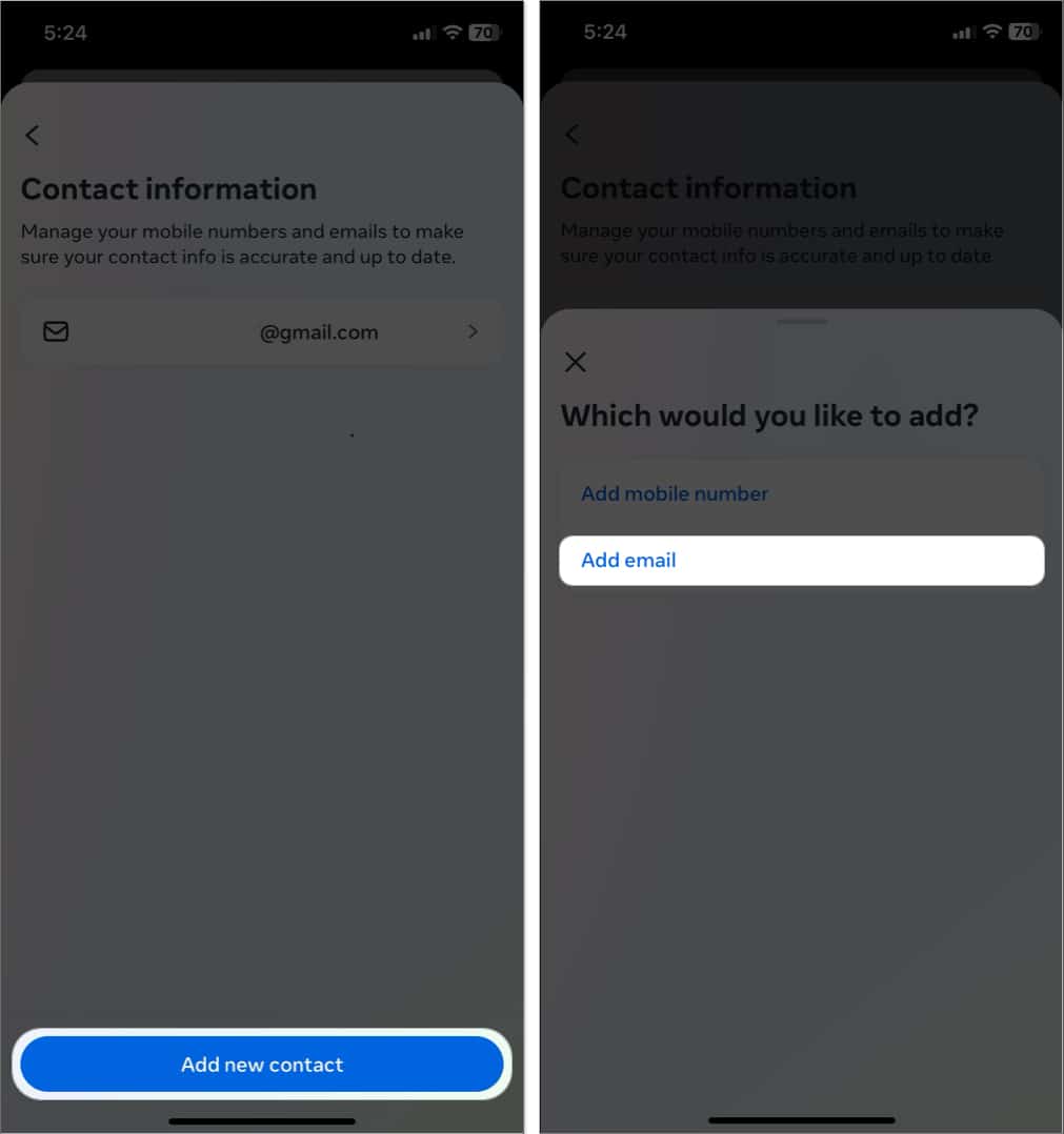 tap add new contact add email in instagram