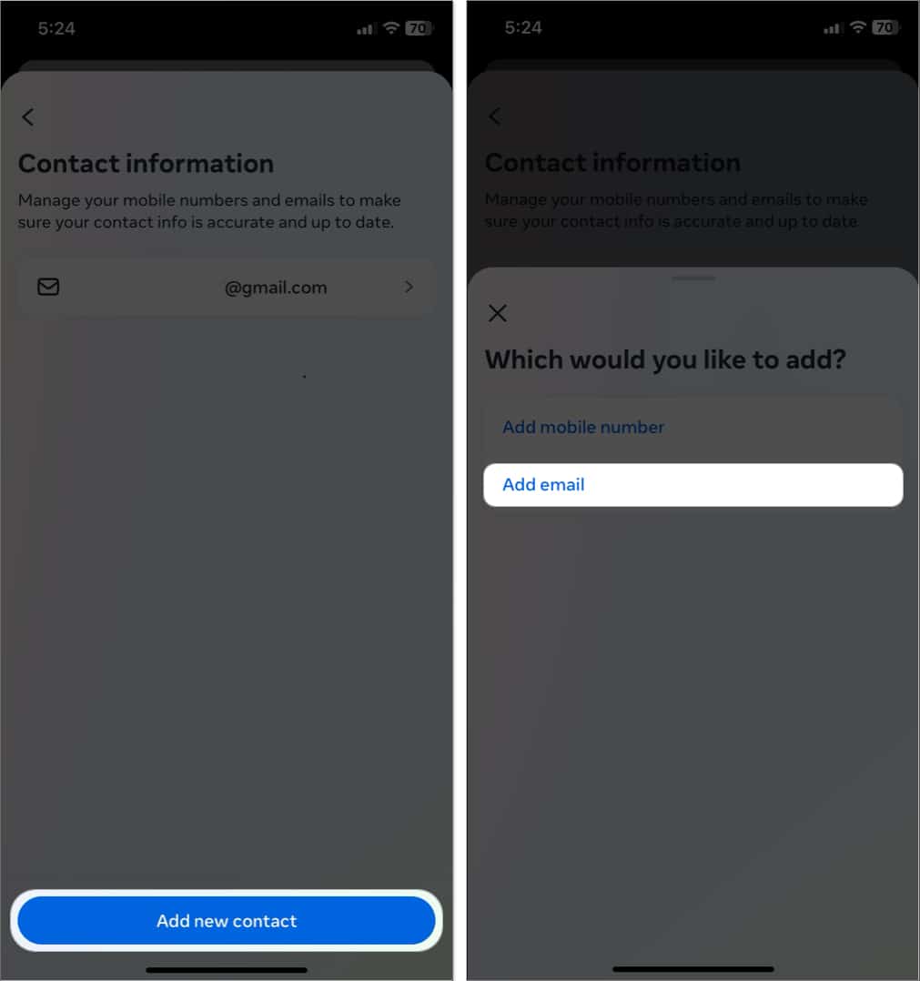 tap add new contact, add email in instagram